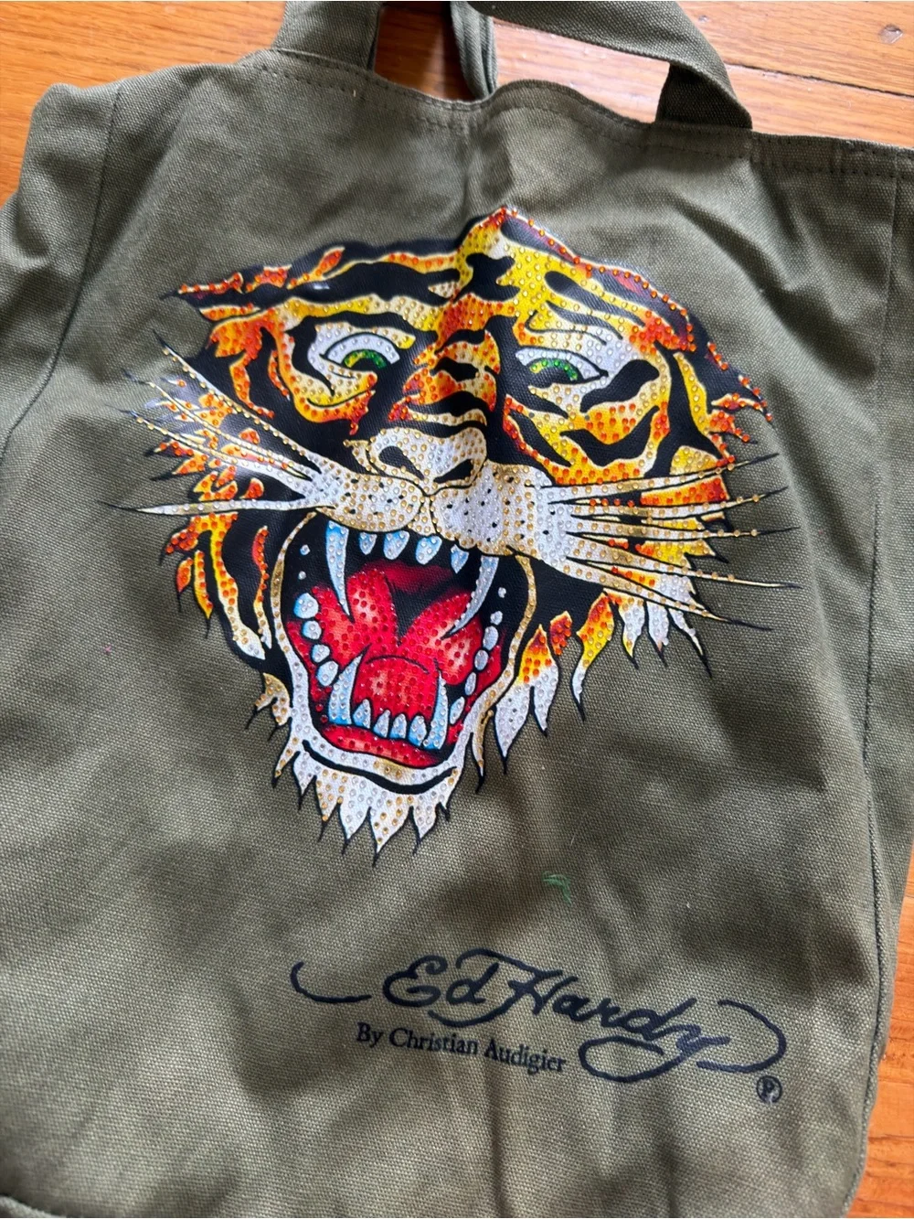 Ed Hardy Olive Green Canvas Tote with Colorful Tiger Motif
